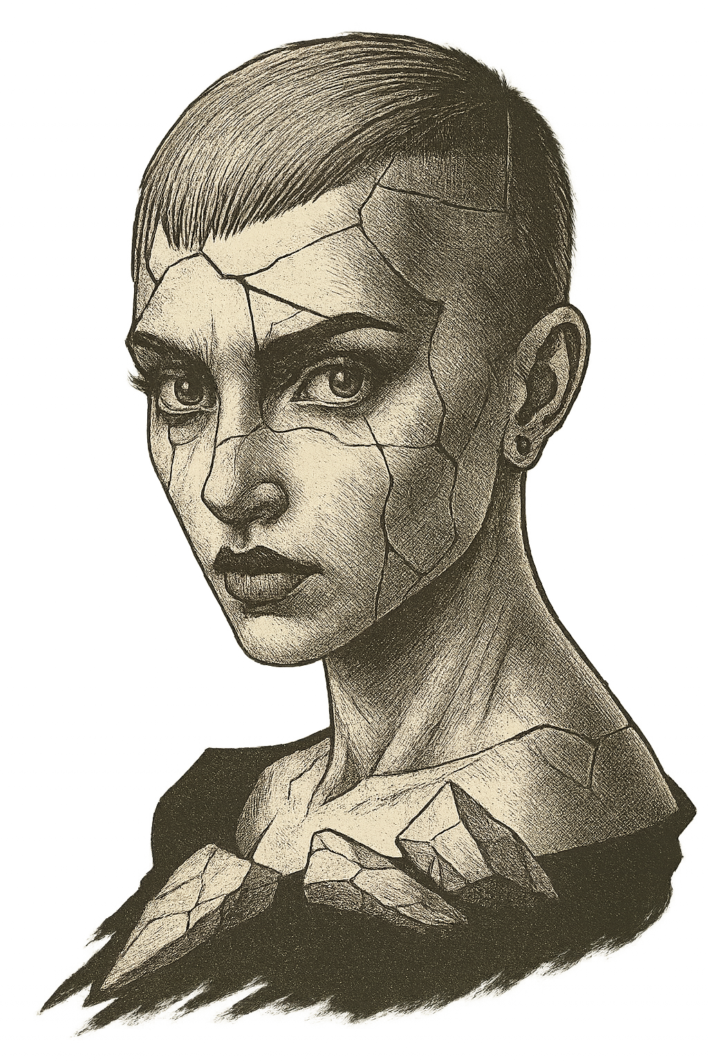 Retrato artístico de una mujer con rostro fragmentado y ojos expresivos, en tonos oscuros y con detalles de líneas y sombras.