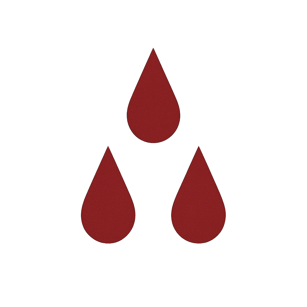 Tres gotas de sangre rojas disminuyendo en tamaño, con una línea que indica pérdida de sangre y un icono de puntadas, simbolizando herida o hemorragia.