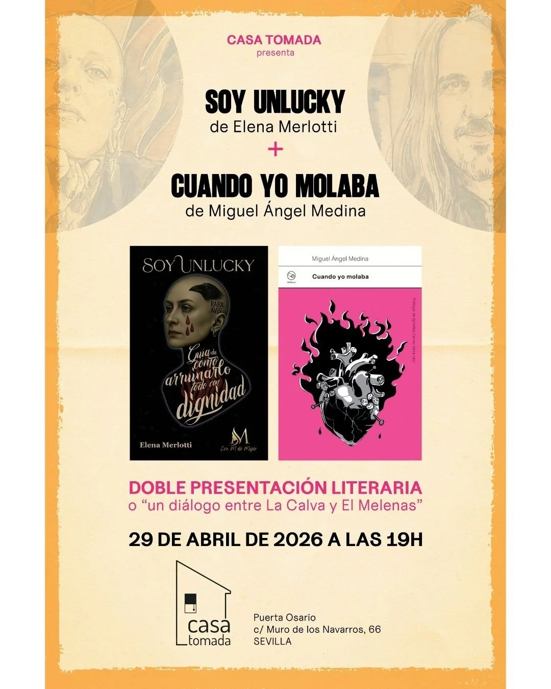 Cartel de evento de presentación del libro 'Soy Unlucky' de Elena Merlotti, con detalles del evento en Sevilla, España, el miércoles 29 de abril de 2019 a las 19 horas, en la librería Casa Tomada. Incluye la portada del libro con un retrato de una mujer con un cuervo en la cabeza y lágrimas rojas, y información adicional sobre la autora y la ubicación.