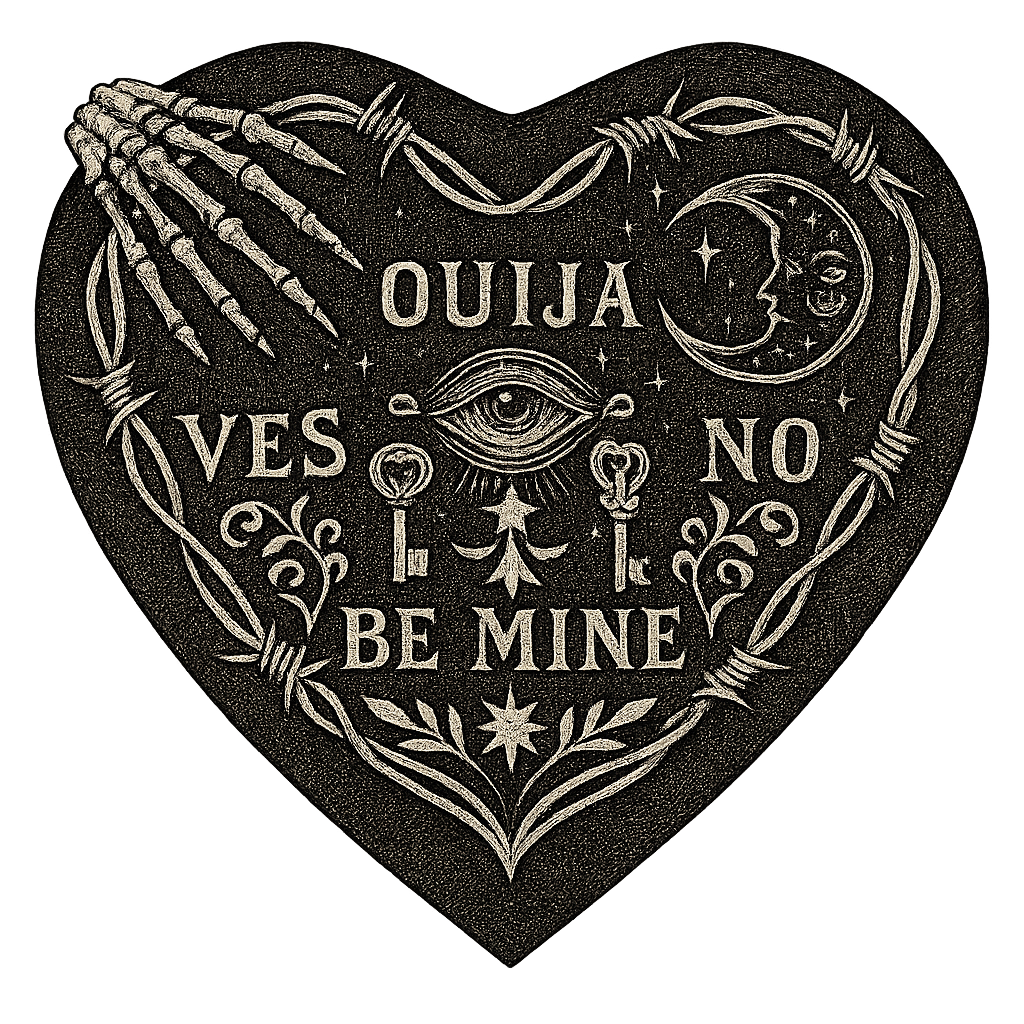 Corazón con símbolos místicos y ocultistas, incluyendo una luna y un sol en la parte superior derecha, un ojo en el centro, calaveras, espinas, estrellas, y palabras en español como "OUJA", "VIES", "NO" y "BE MINE" en un estilo de arte oscuro y esotérico.