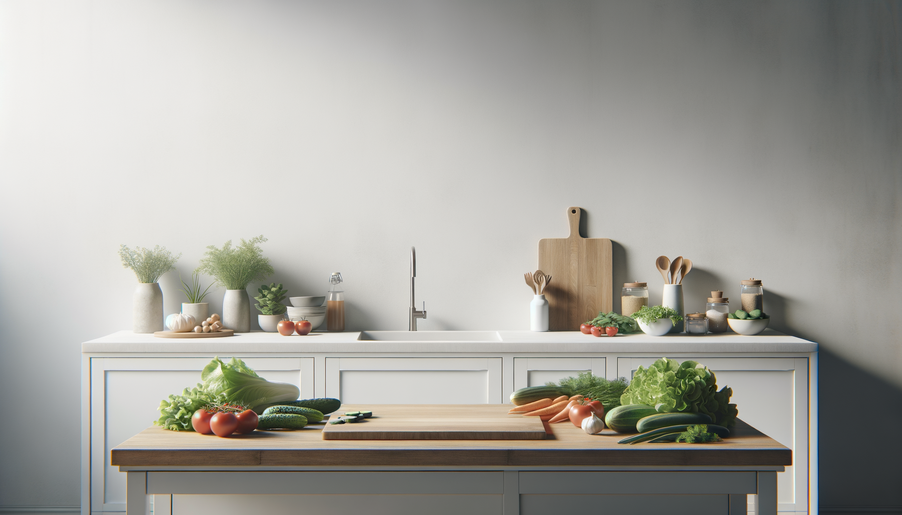 Modern kitchen with fresh vegetables and herbs on a wooden countertop, cleaning supplies, jars, bowls, and cutting boards on a white kitchen counter against a blank wall.