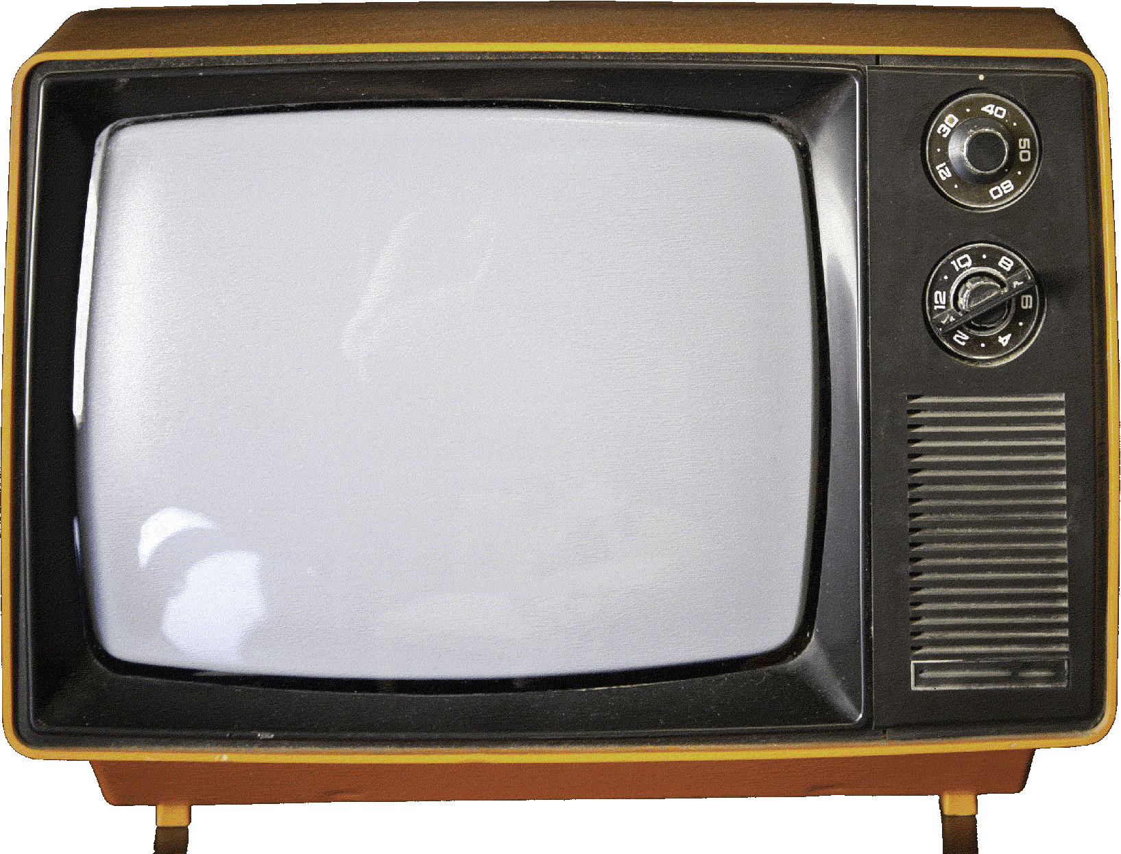 Alter Fernseher mit grauem Bildschirm, schwarzer Rahmen und schwarzen Drehknöpfen, gelber Gehäuse.