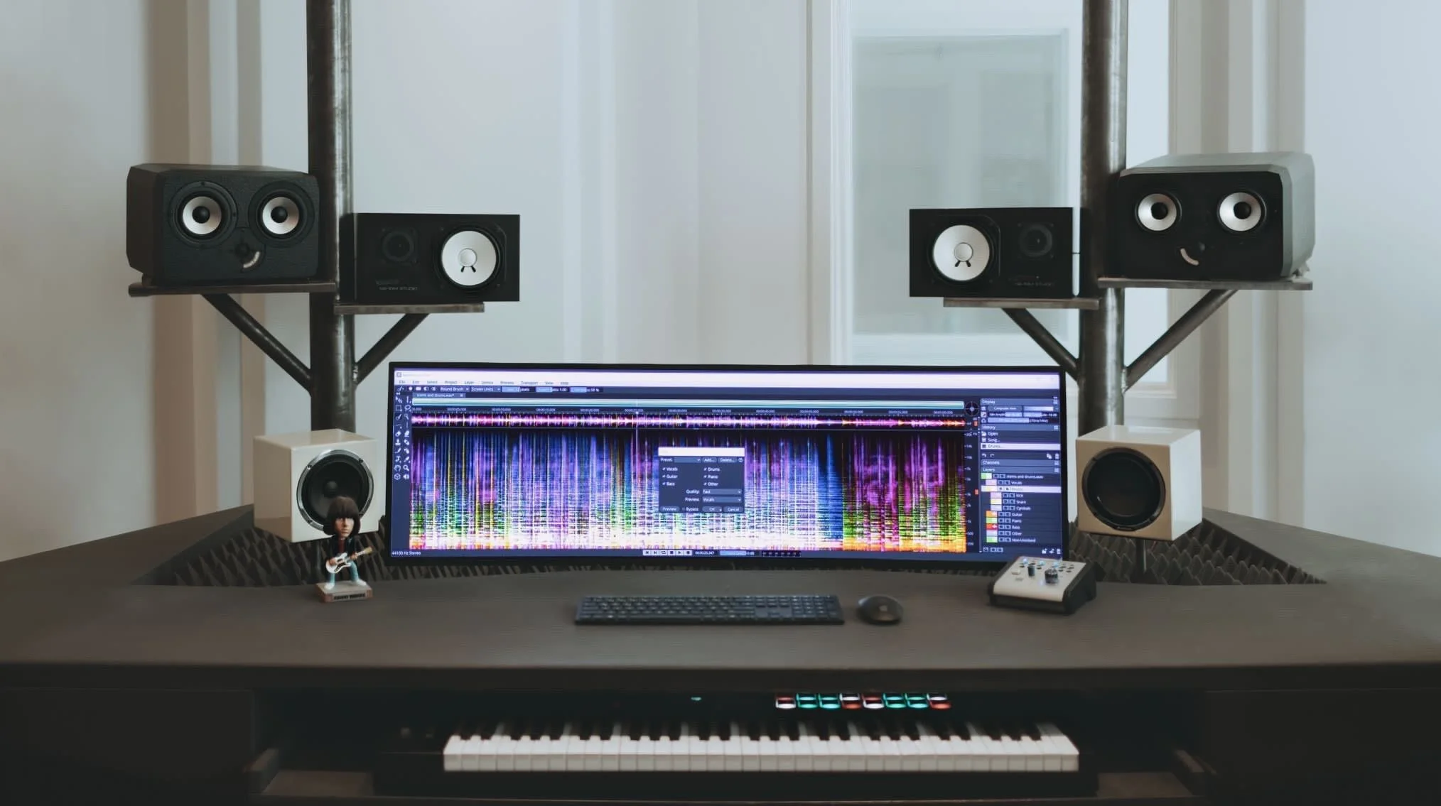 Ein Musikproduktionsstudio mit einem großen Bildschirm, einer Tastatur, einer Maus, Studio-Lautsprechern und einem Keyboard. Auf dem Bildschirm ist eine digitale Audio-Workstation mit einer Musiksoftware zu sehen.