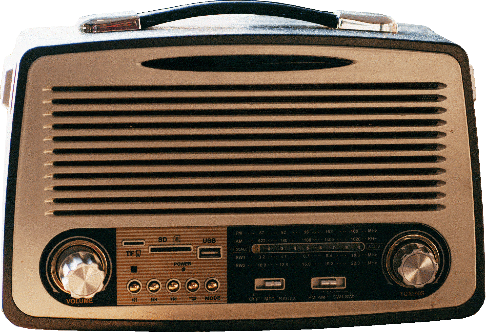 Eine tragbare Kombination aus Radio, Lautsprecher und Wecker mit Tasten, Einstellknöpfen und einem Display.