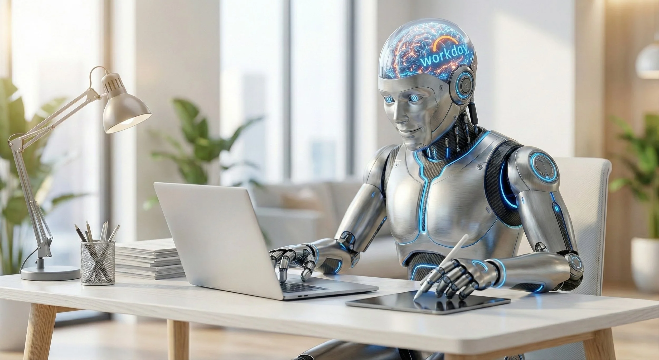 Humanoider Roboter mit leuchtend blauem Workday-Logo im Kopf arbeitet an einem Laptop und Tablet an einem modernen Büroschreibtisch, was KI-gestützte Arbeitsprozesse darstellt.