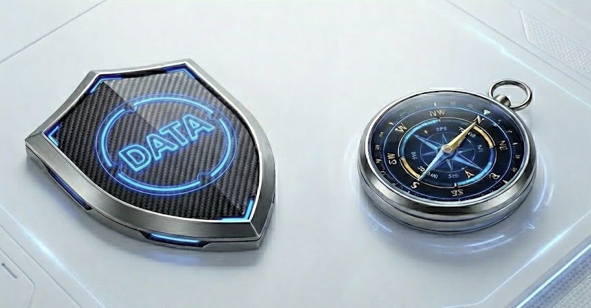 Futurismus-Schild mit 'DATA'-Schriftzug und blauer Beleuchtung liegt neben einem antiken Kompass auf einer Oberfläche, was Datenstrategie, Governance und sichere Navigation symbolisiert.