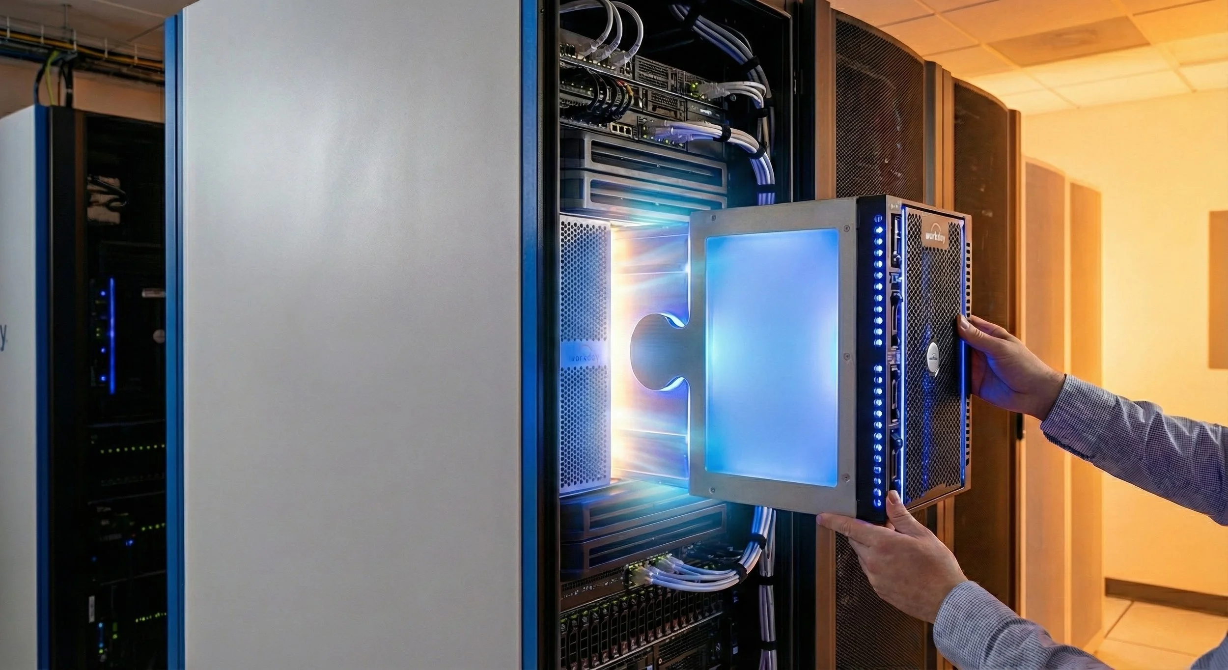 IT-Techniker installiert ein neues, leuchtend blaues Servermodul in Puzzlestück-Form in einen Rack-Schrank im Rechenzentrum, was die nahtlose Integration von Hardware symbolisiert.