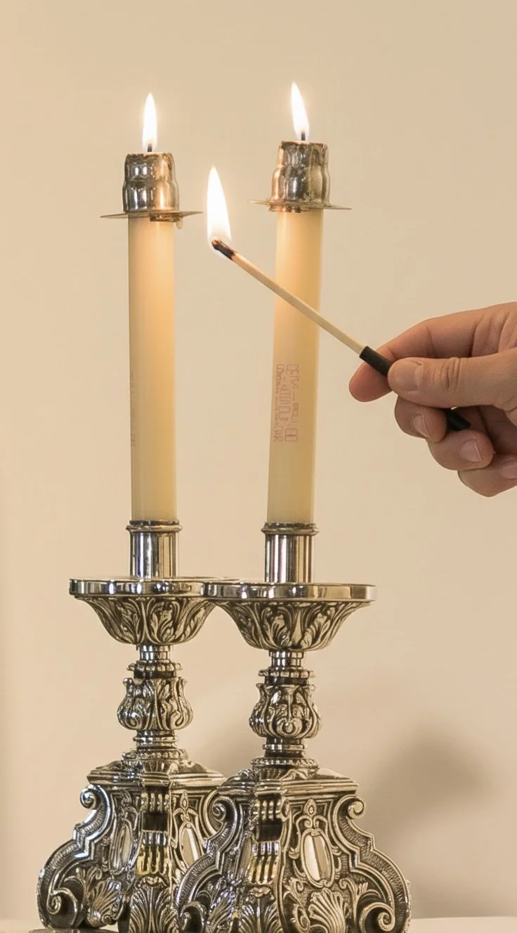 A person lighting two silver altar candles