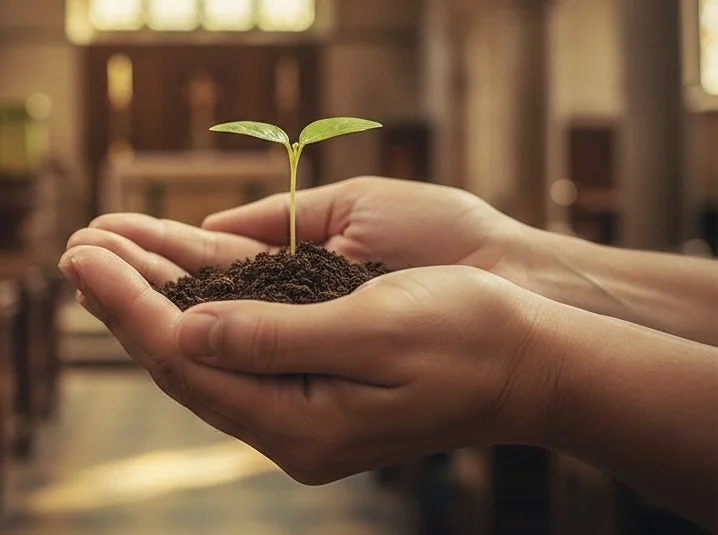 A person holding soil with a small green sprout in it.