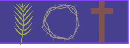 A banner with a green wheat stalk, a gray crown of thorns, and a brown cross on a purple background.