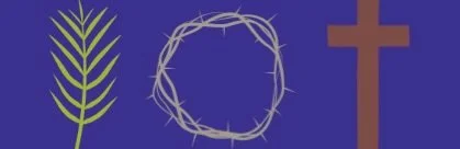 Close-up of religious symbols on a purple background, including a palm branch, a crown of thorns, and a cross.