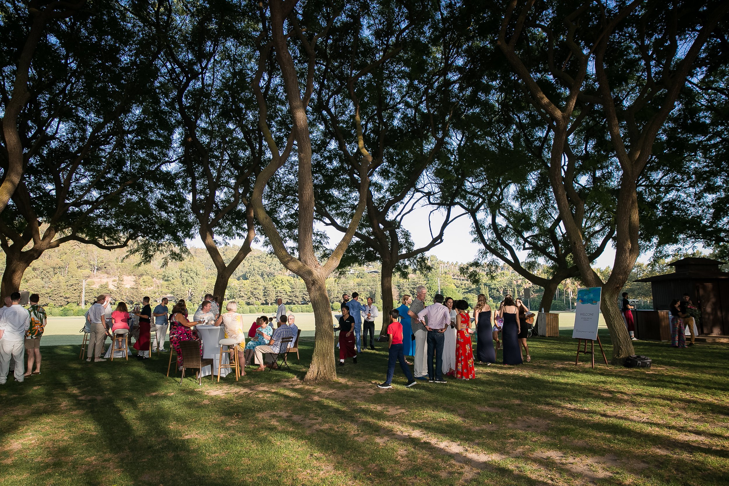 People gathered outdoors under large trees for a wedding celebration with some sitting at high tables and others standing in groups, on a sunny day with a grassy park setting.