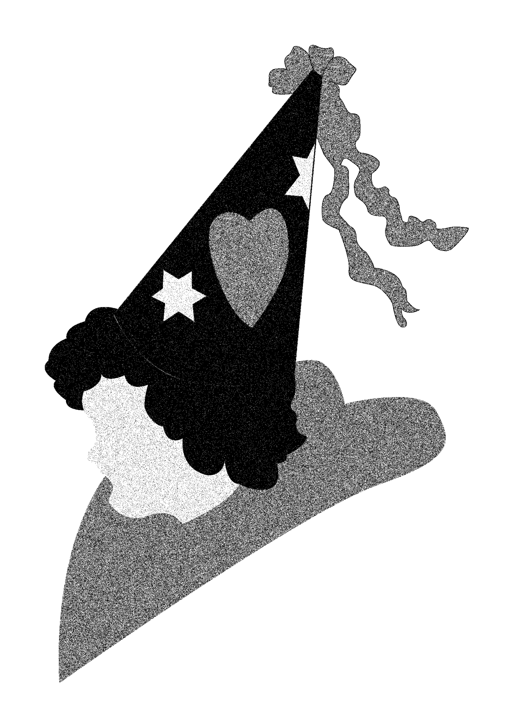 Illustration en noir et blanc d'une femme avec un chapeau décoré de cœurs, étoiles et rubans, vue en profil.