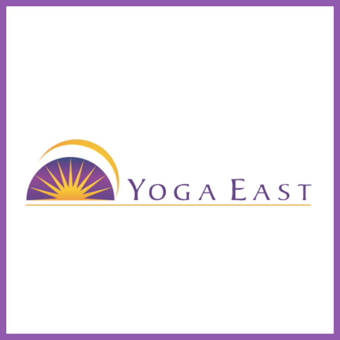 Logo for Yoga East featuring a stylized sunrise with purple and yellow colors and purple text.