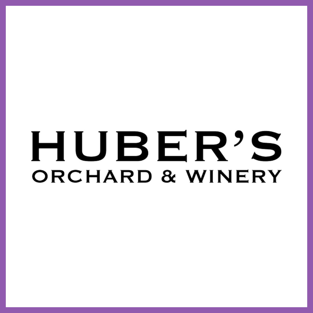 Logo for Huber's Orchard & Winery with black text on a white background and purple border.