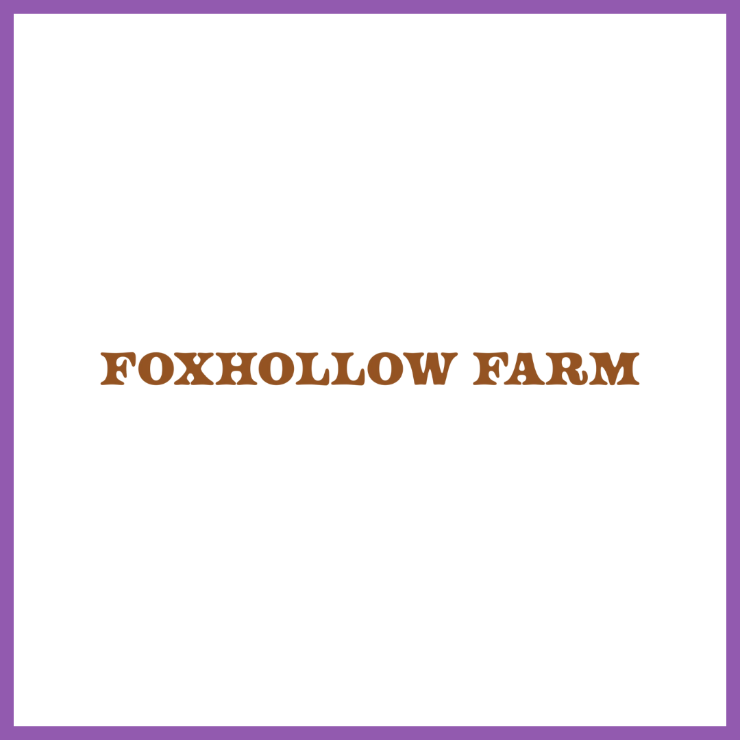 Center of the image features the text "FOXHOLLOW FARM" in bold brown letters on a white background, bordered by a purple frame.