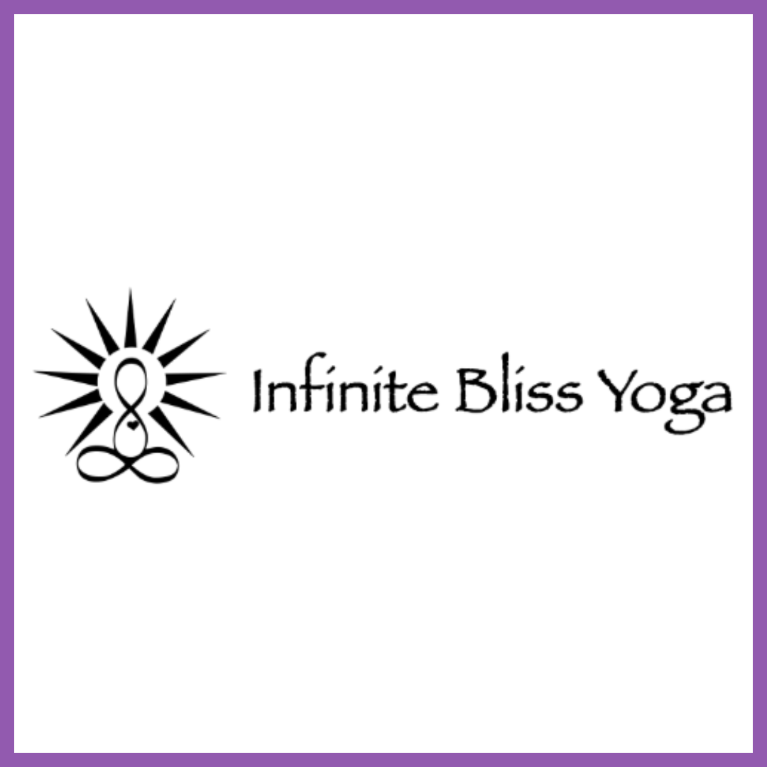 Logo for Infinite Bliss Yoga featuring a stylized person in a yoga pose with a radiant sun behind them, and the text 'Infinite Bliss Yoga'.