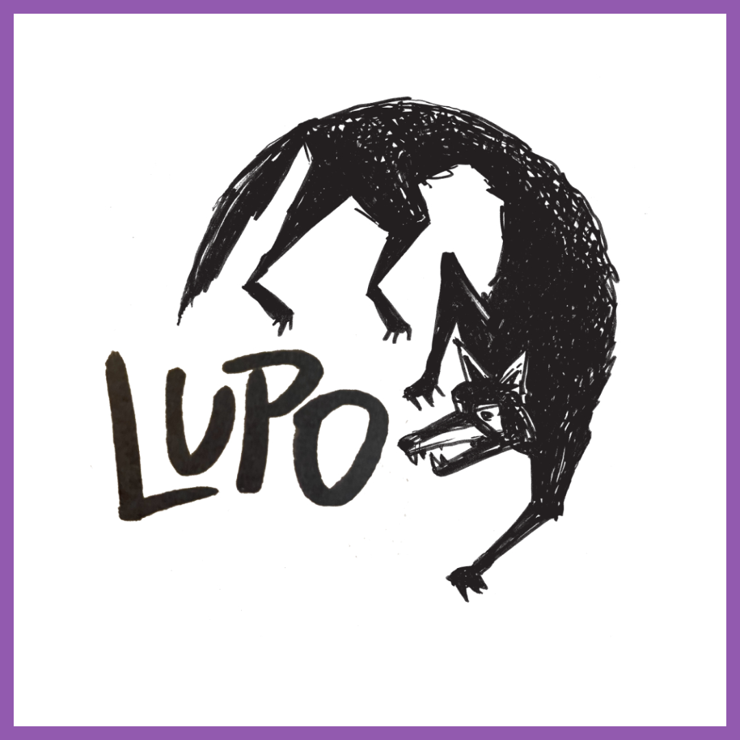 Black ink drawing of a wolf howling, with the word "LUPO" written underneath.