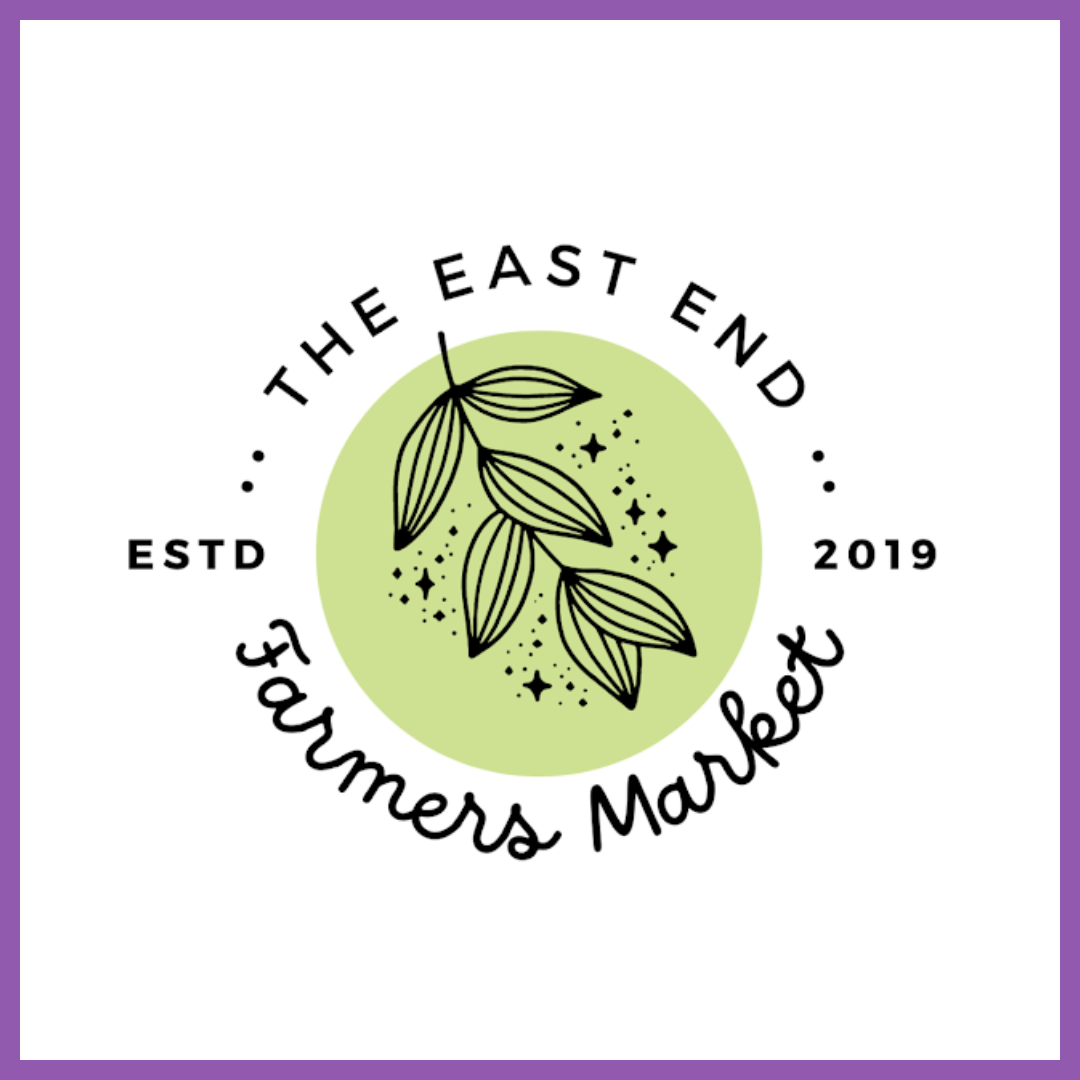 Logo with a circle containing a branch with leaves, surrounded by the text 'The East End Farmers Market', 'ESTD 2019', with decorative stars and dots.