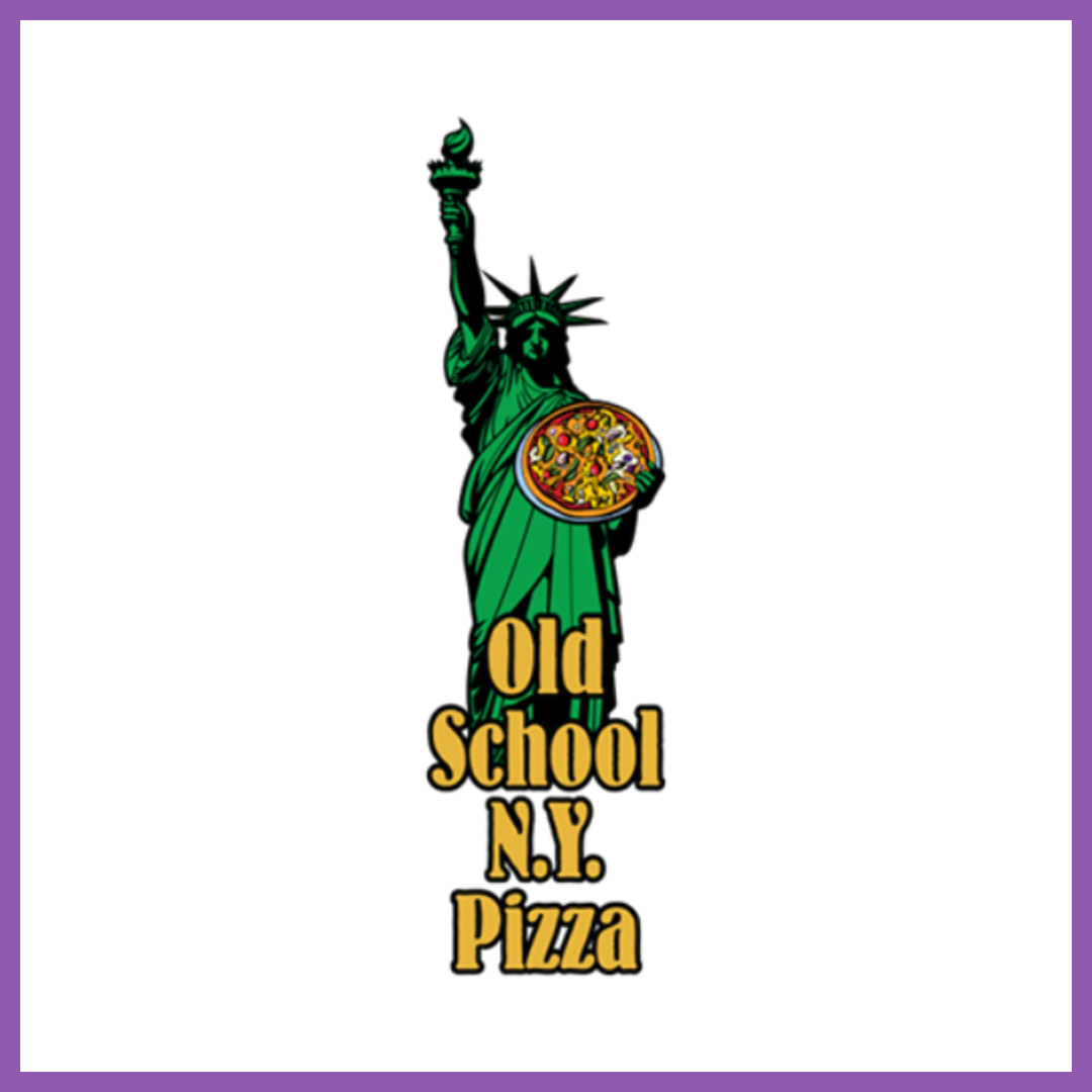 Graphic design featuring the Statue of Liberty holding a pizza instead of a torch, with the text "Old School N.Y. Pizza" below.