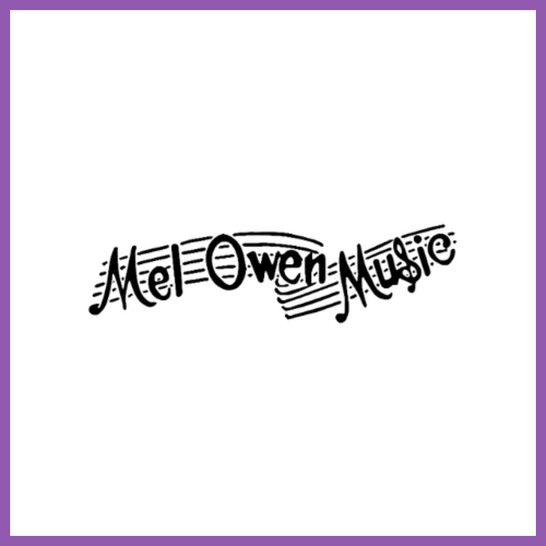 Stylized logo with the text 'Mel Owen Music' in a musical staff theme, black font, with musical notes and lines.