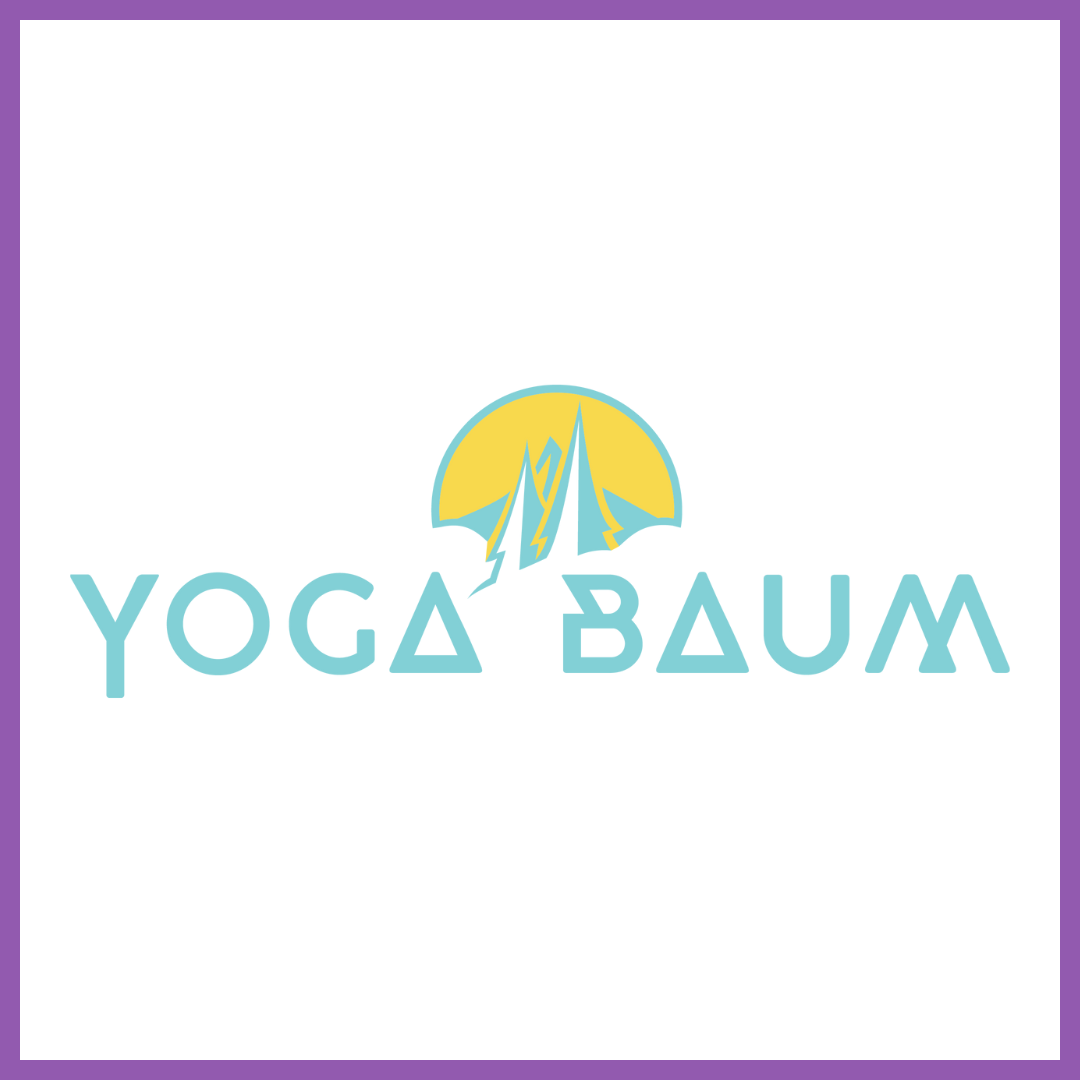 Logo for Yoga Baum with stylized tree and mountain design in yellow and blue, and the text 'Yoga Baum' in light blue.