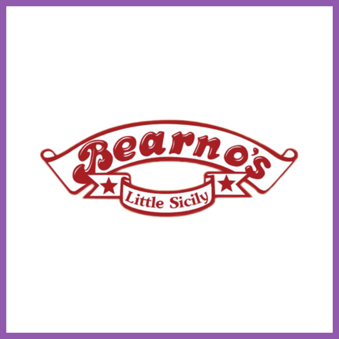 Beer logo with the text 'Bearmo's Little Sicily' in red, stylized font on a white background with purple border.