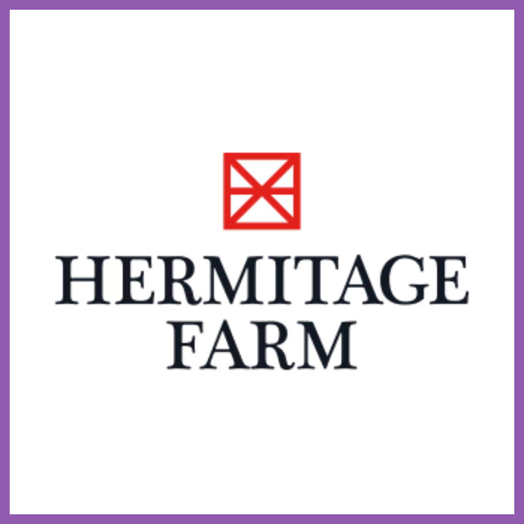 Hermitage Farm logo with a red geometric emblem and black text on a white background.