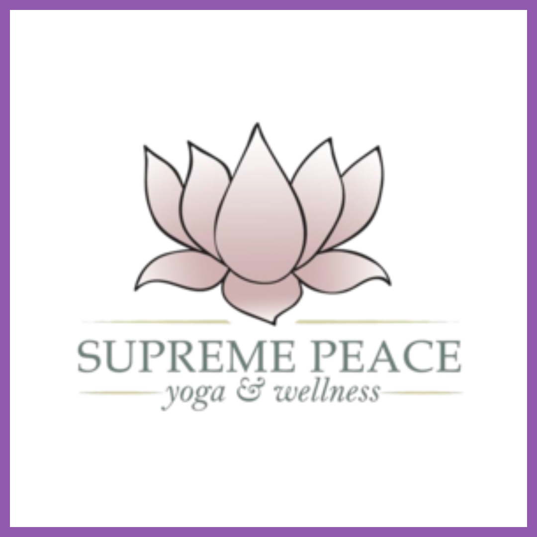 A soft pink lotus flower logo with the words 'SUPREME PEACE yoga & wellness' underneath, set against a white background with a purple border.