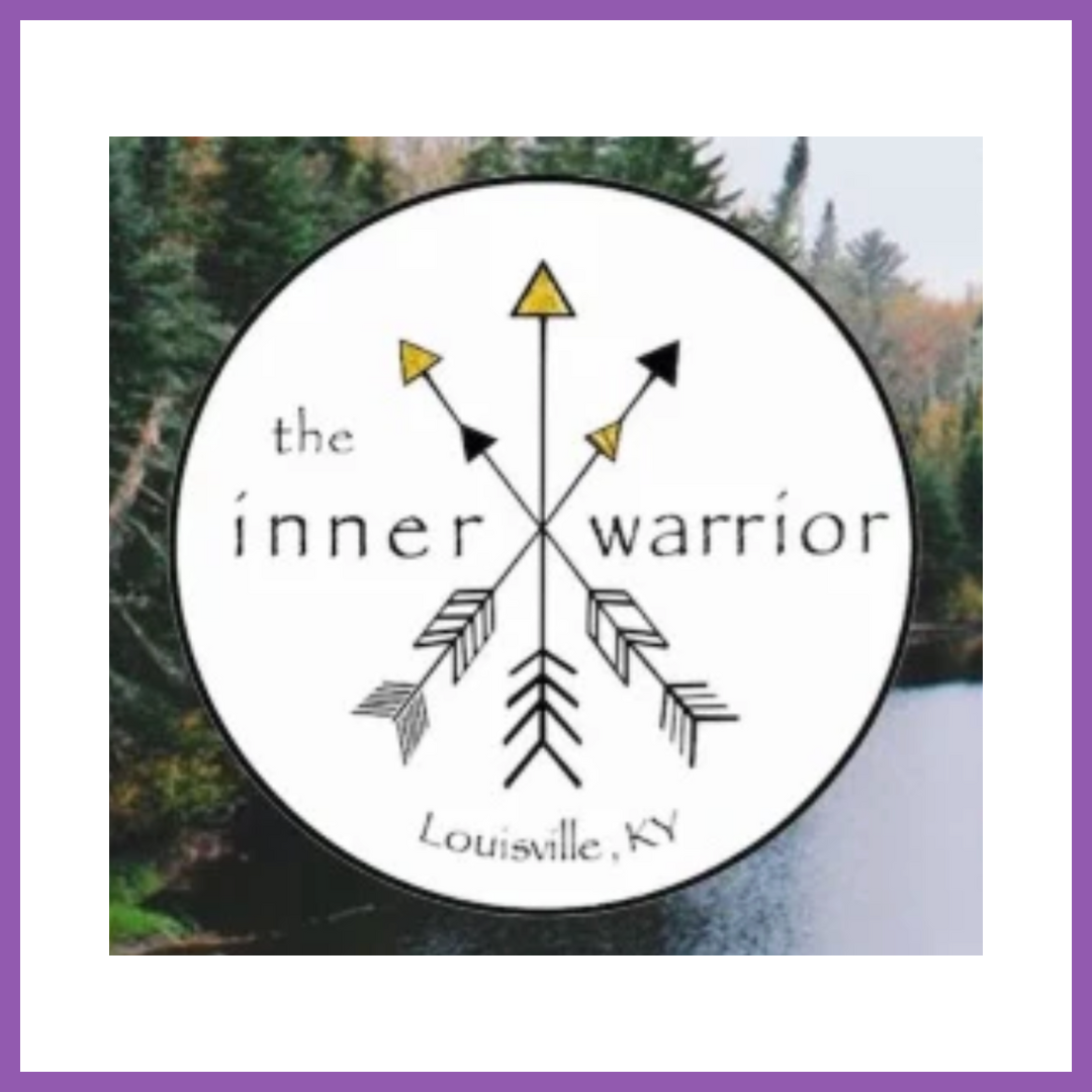 A circular logo with four arrows forming a star, the words 'the inner warrior' and 'Louisville, KY' on a nature background.