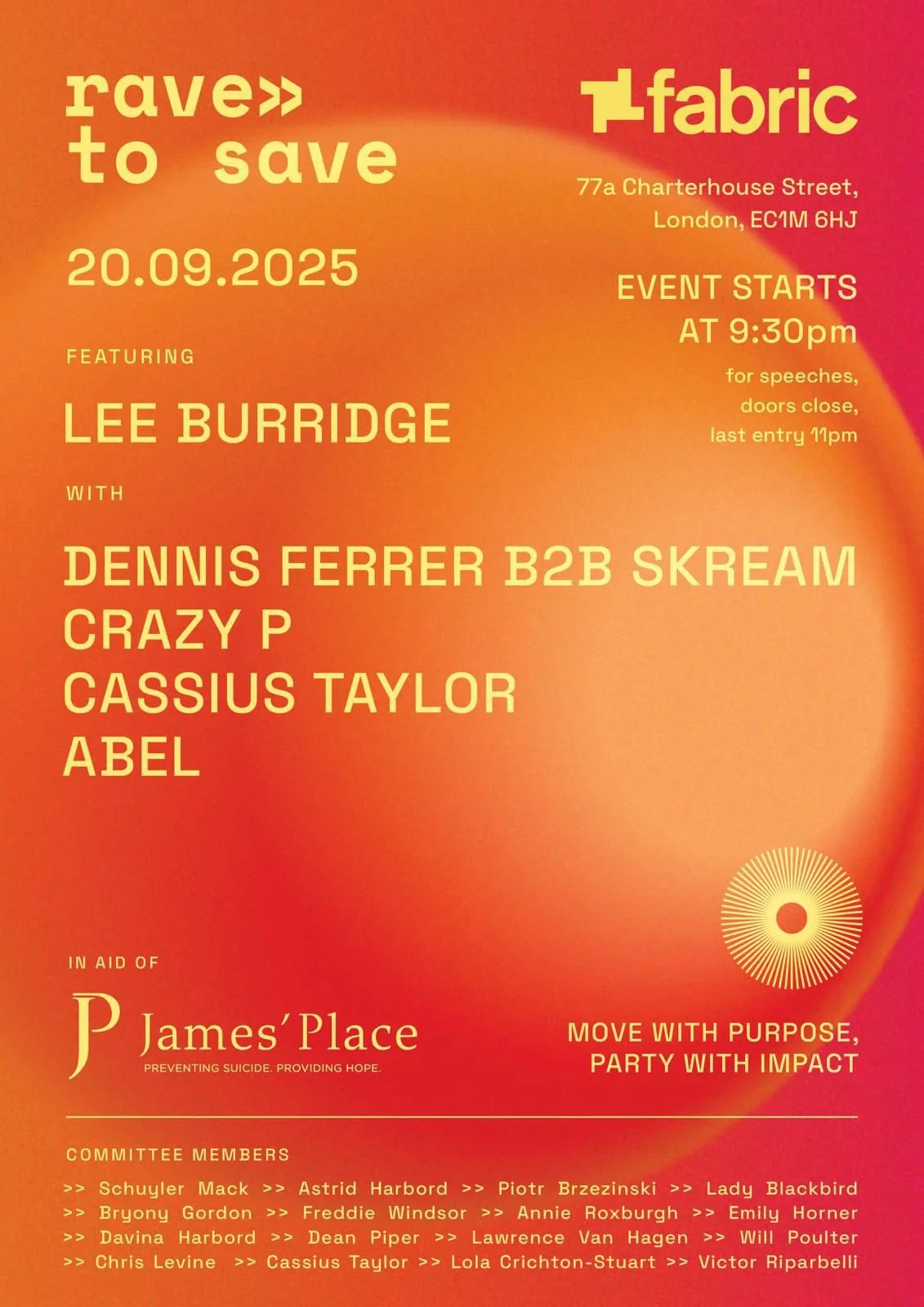 Event poster with orange and pink gradient background. Text includes 'rave to save', date '20.09.2025', featuring Lee Burridge with other artists, event location, start time 9:30 pm, and details about speeches and ticket closing time. Also mentions s