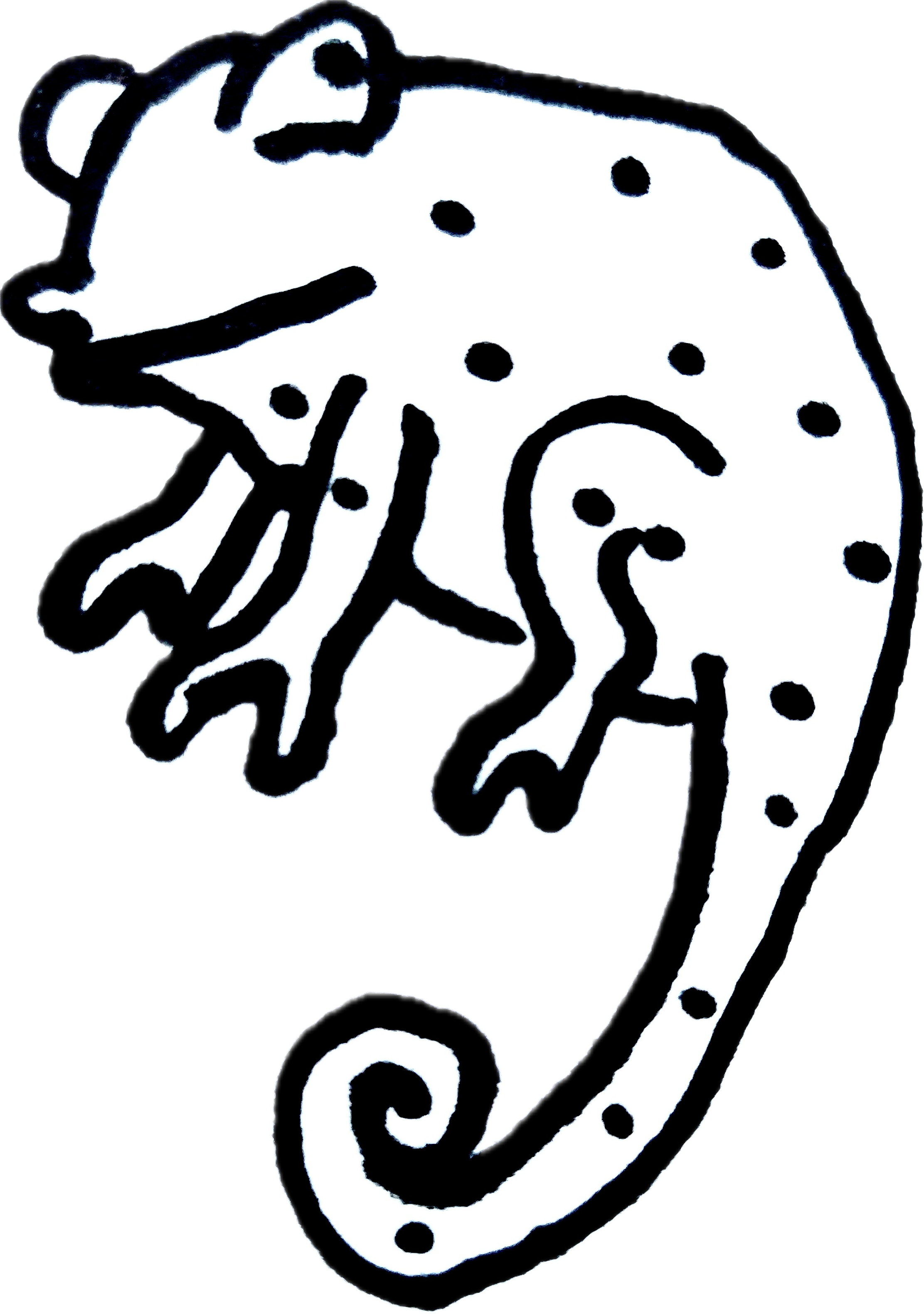 A black and white abstract drawing of a gecko with spots on its body, featuring a curled tail and detailed limbs.