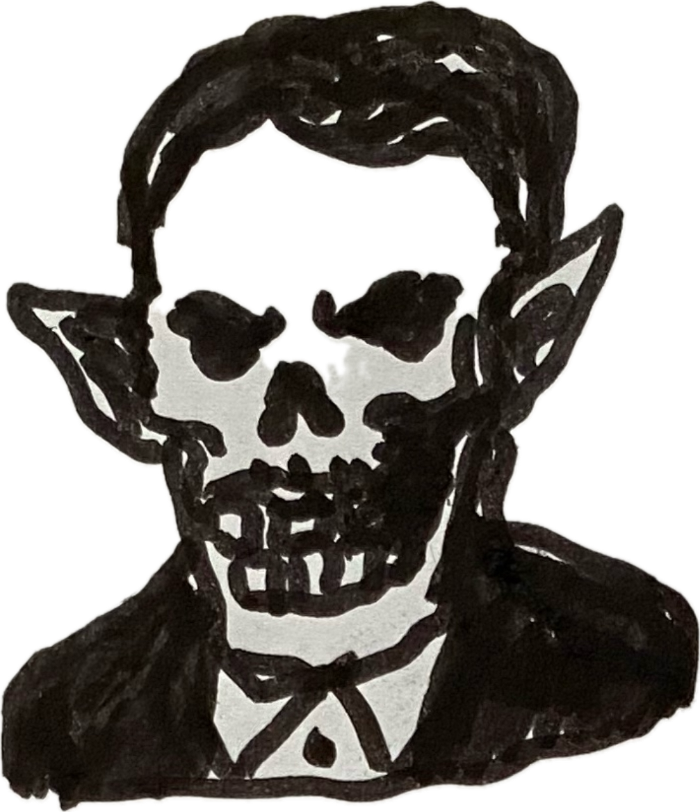 Black and white illustration of a skeleton with an afro hairstyle and wearing a suit.