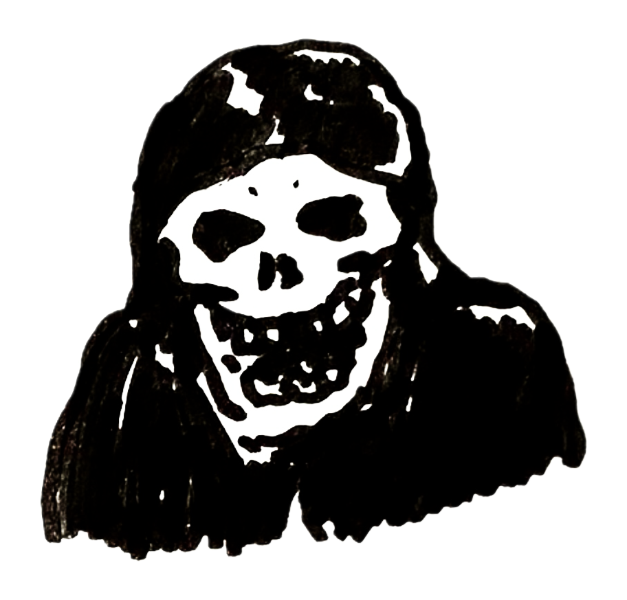 Black and white illustration of a skeleton with long hair, smiling, with a dark background.