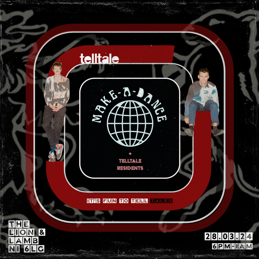 A graphic design featuring the words 'make-a-dance' with a globe icon, surrounded by two young boys sitting on stylized objects, and various text elements including 'tell tale,' 'it's fun to tell tales,' and other details.