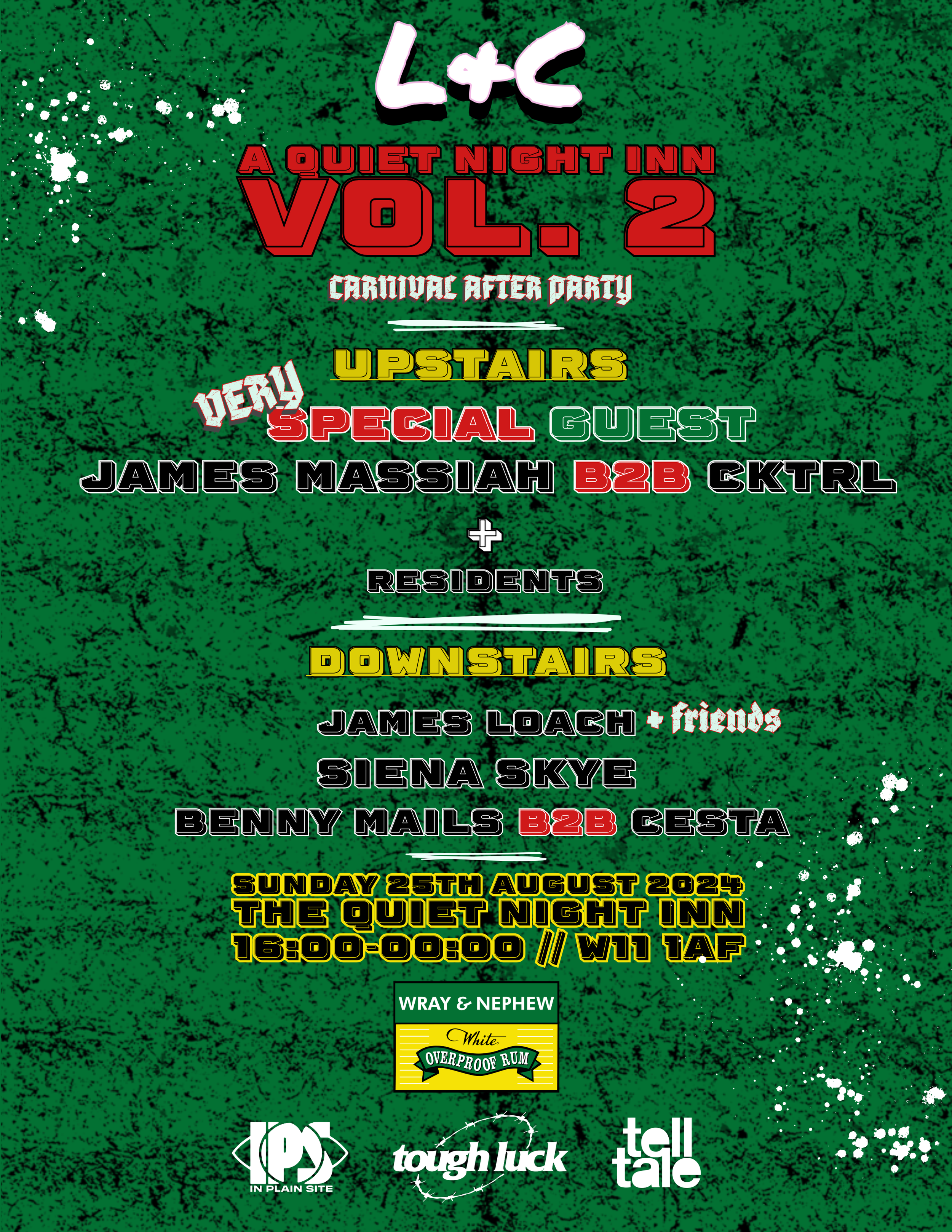 Event poster for a music event called 'L+C: A Quiet Night Inn Vol. 2' with details of performers, location, and date, on a green textured background with white paint splatters.