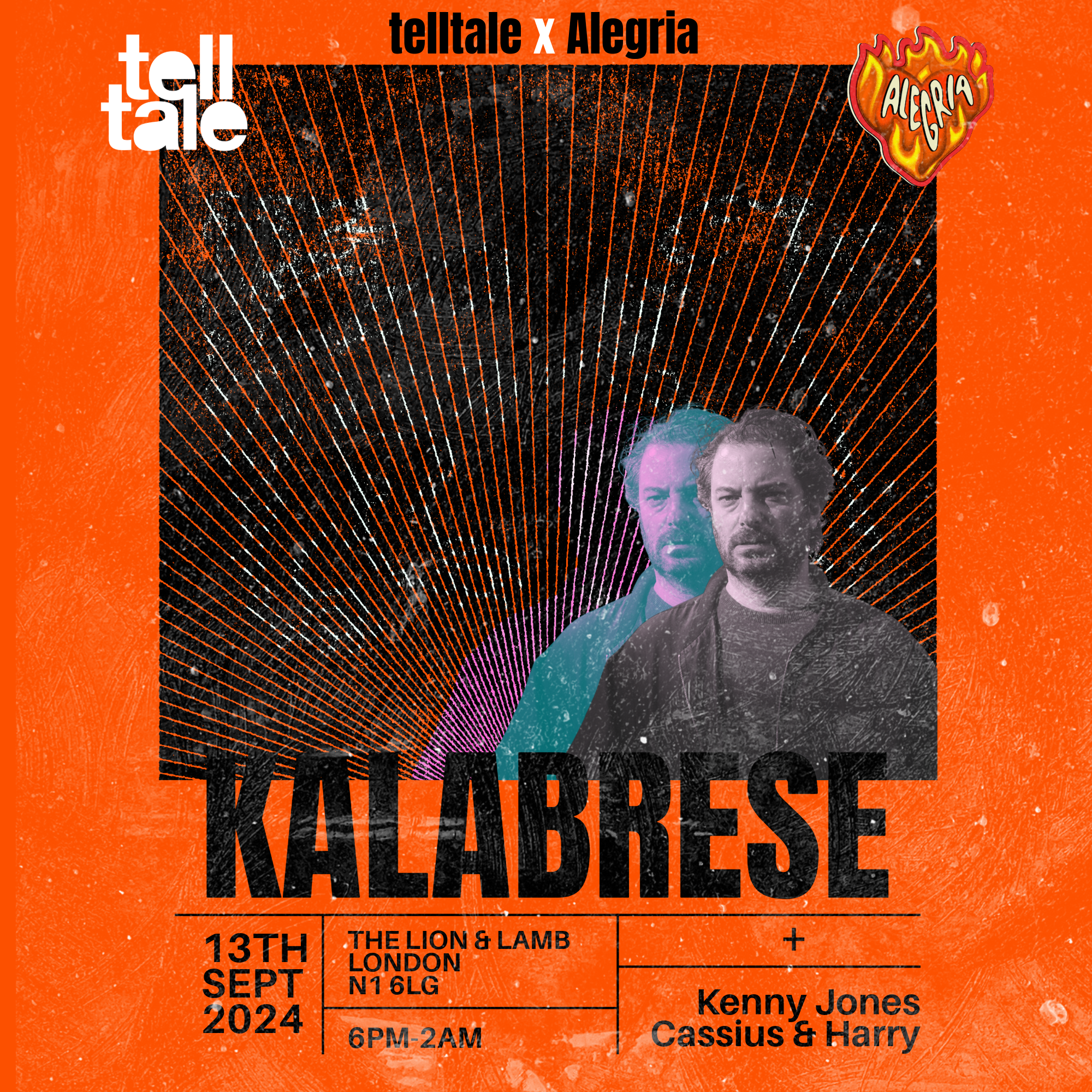 An event poster for a concert featuring Kalabreese, Kenny Jones, Cassius, and Harry at The Lion & Lamb in London on September 13, 2024, from 6 pm to 2 am. The poster has a vibrant orange background with a black central area decorated with radiating l