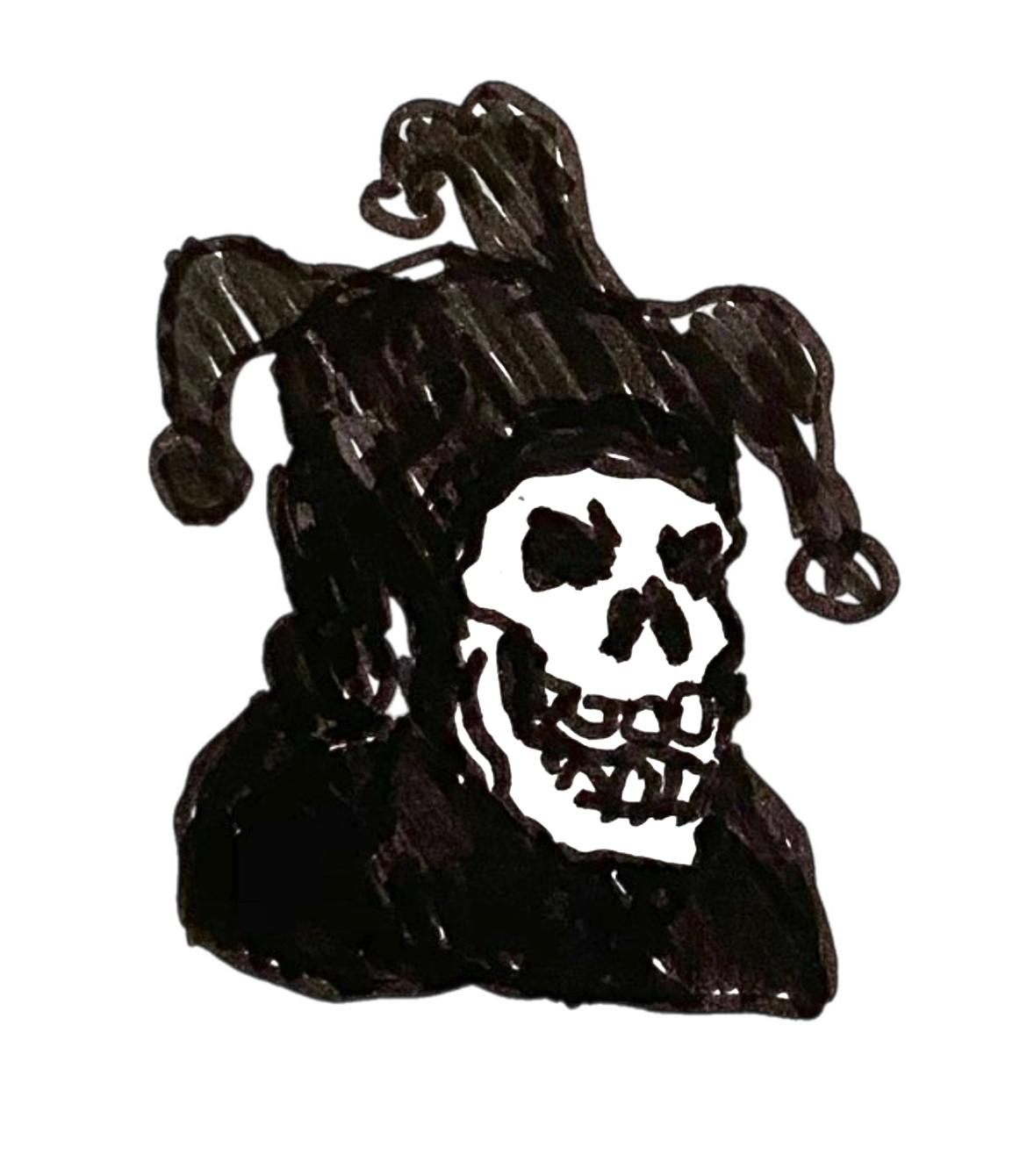 Black and white illustration of a skeleton head wearing a jester hat with three points ending in small curls.