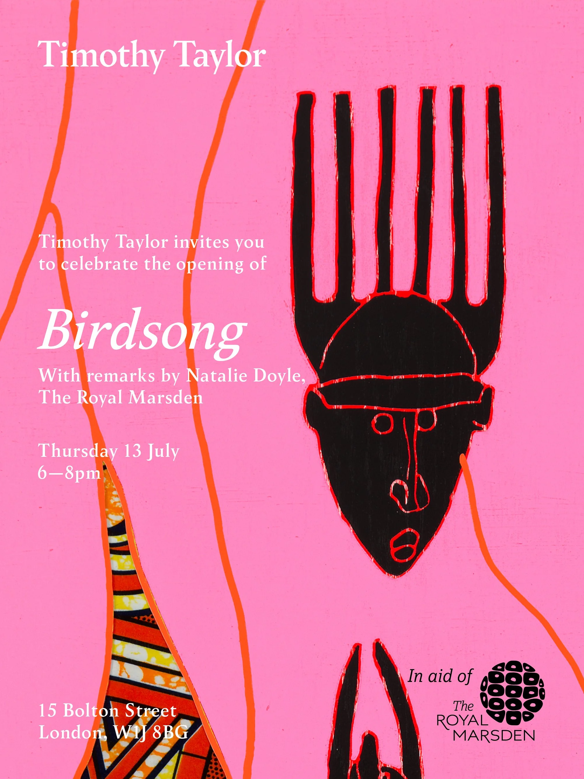 Pink invitation card with an illustration of a face with a beard and tall headgear, and a patterned garment visible at the side. Text invites to Birdsong event, with details of date, time, and location, in aid of The Royal Marsden.