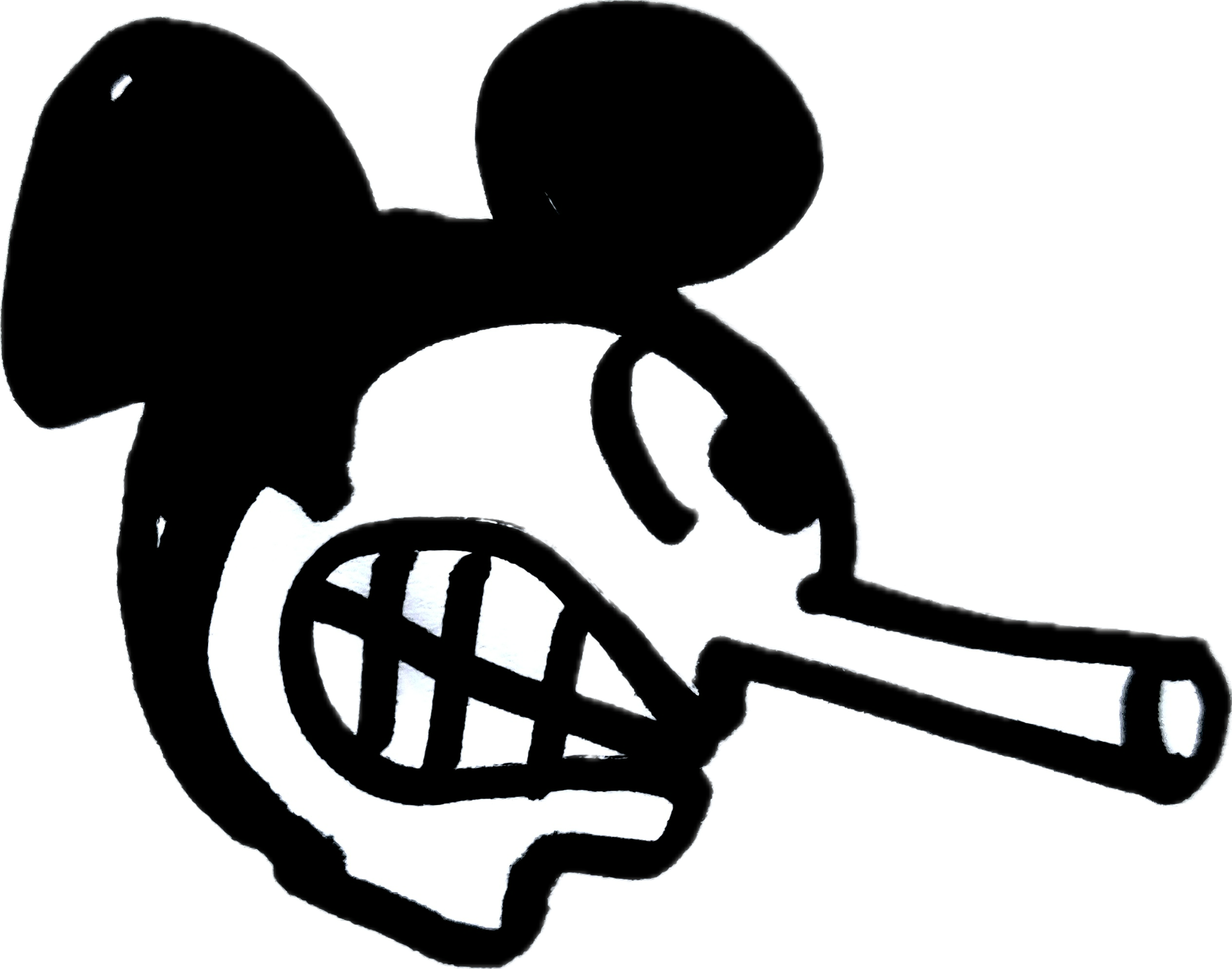 A black silhouette of a cartoonish mouse holding a baseball bat.