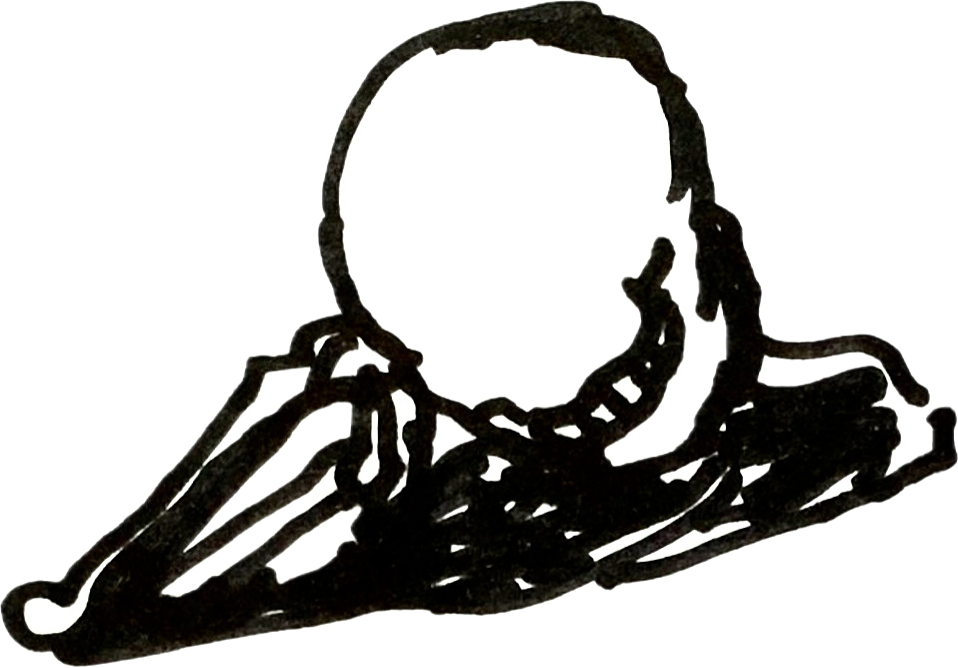 Sketch of a person resting their head on their hand, with an oval-shaped face and short hair.