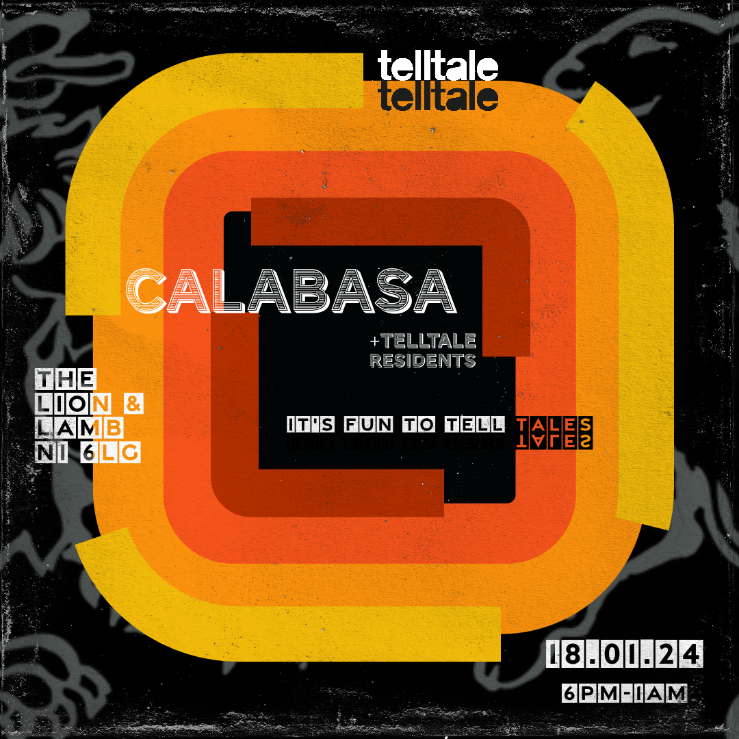 Poster with a retro design, featuring concentric rounded rectangles in yellow, orange, and red. The poster promotes an event called 'Calabasa + TellTale Residents,' scheduled for 'January 18, 2024, from 6 PM to 1 AM,' with the tagline 'It's fun to te