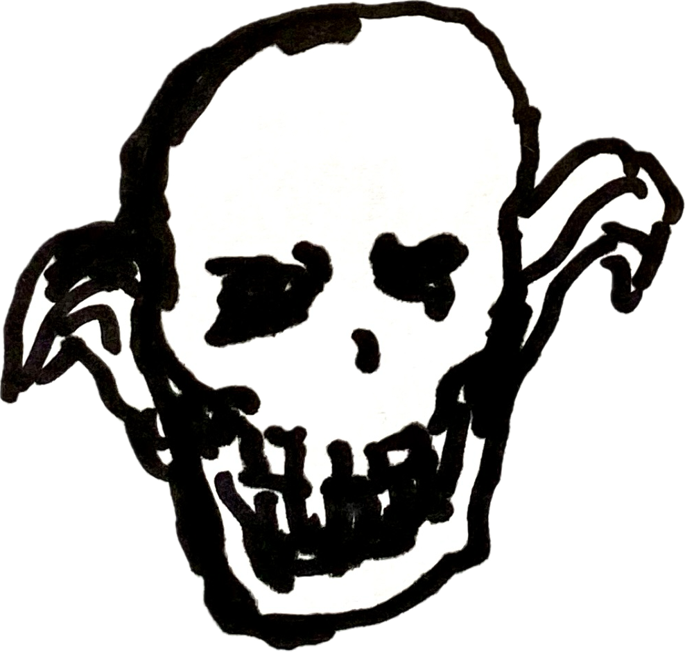Black ink drawing of a skull with exaggerated features and large dark eye sockets, with wavy hair on either side.