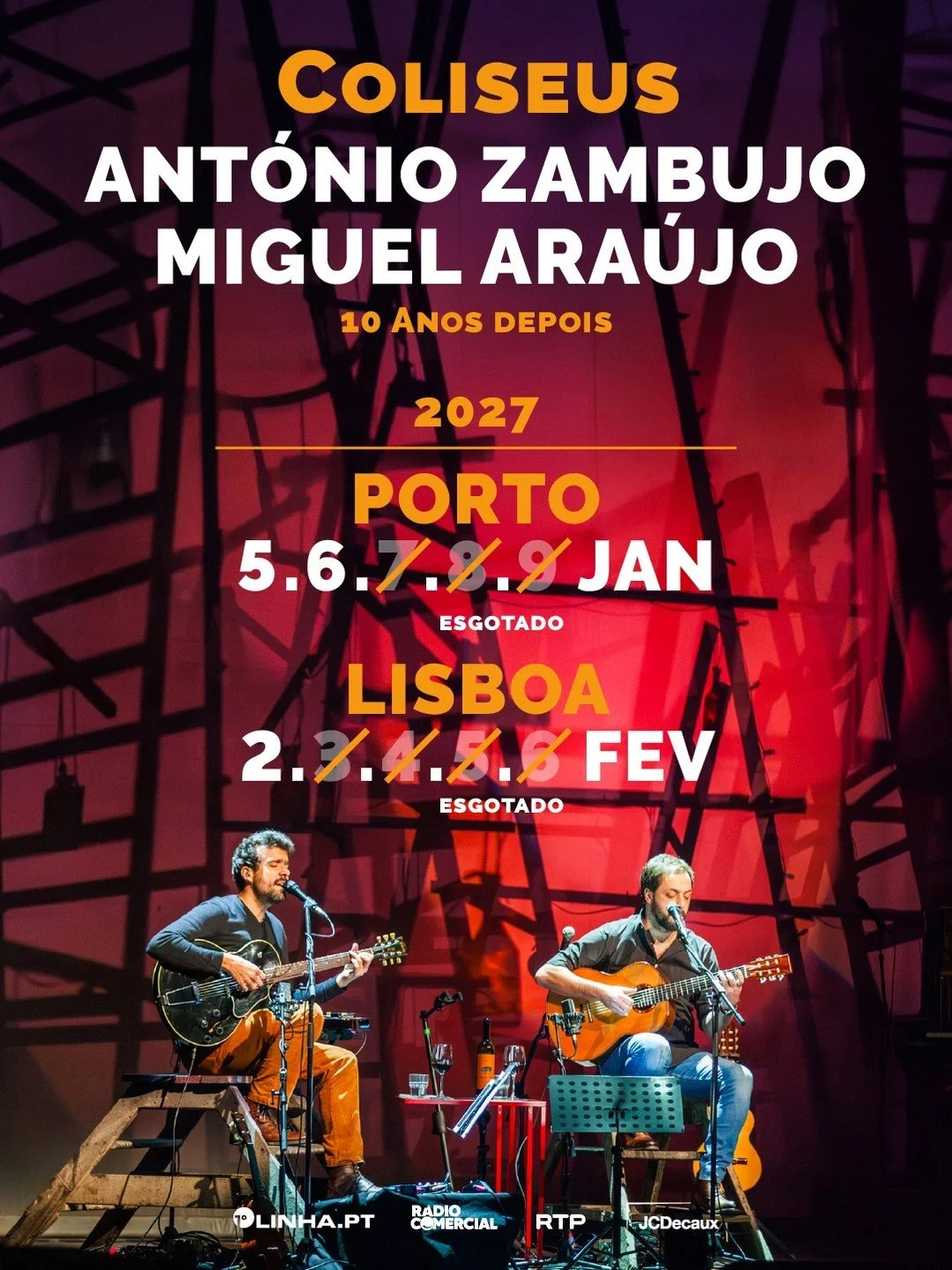 Sete datas j&aacute; esgotadas para o regresso de @antonio.zambujo e @miguel_araujo_insta aos Coliseus em 2027.
Restam apenas os &uacute;ltimos bilhetes para 5 e 6 de janeiro no @coliseuportoageas e 2 de fevereiro no @coliseudosrecreios.

Dez anos de