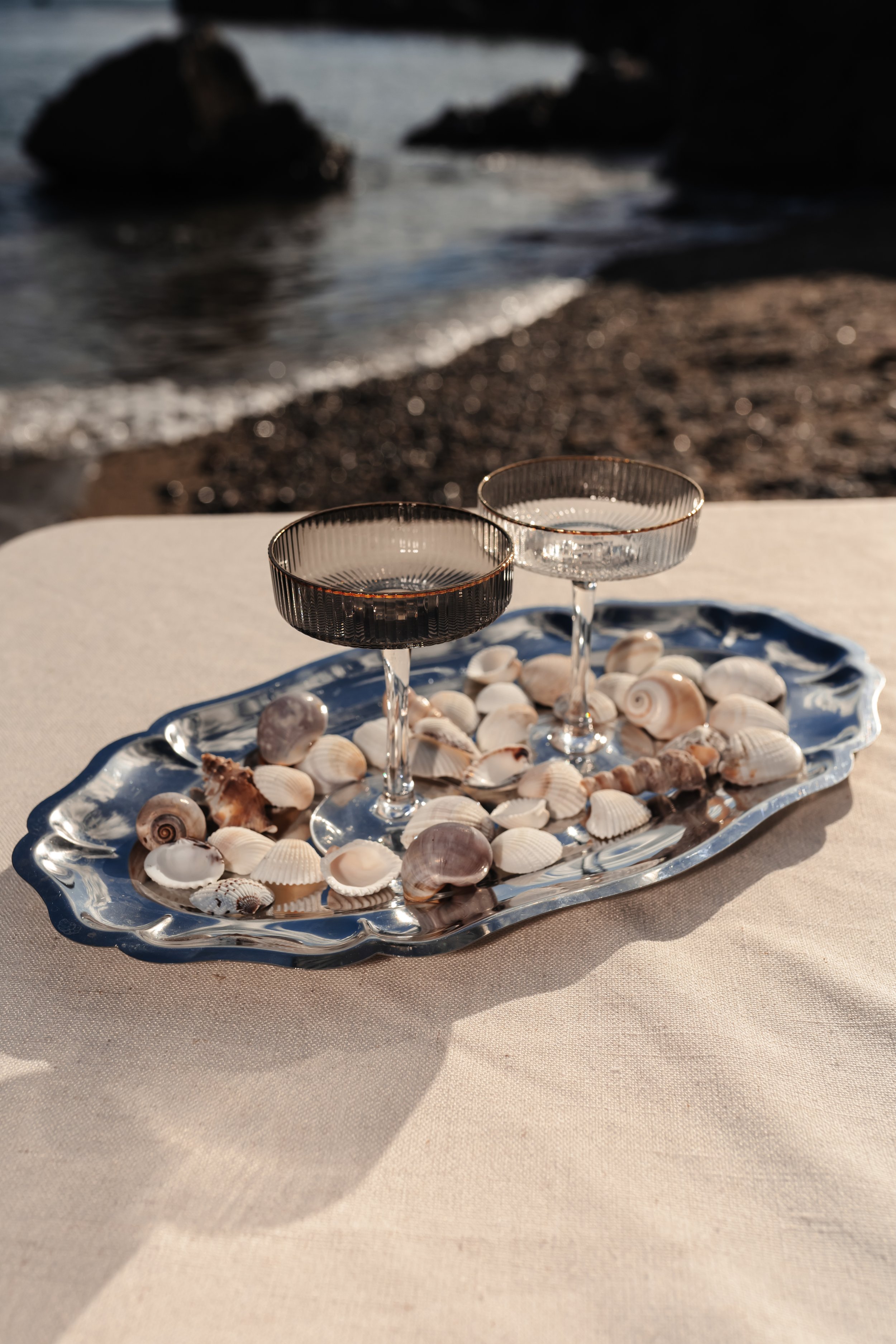 Deux coupes à vin remplies de liquide rouge foncé, placées sur un plateau en argent, entourées de coquillages variés, avec une plage en arrière-plan et des rochers dans la mer