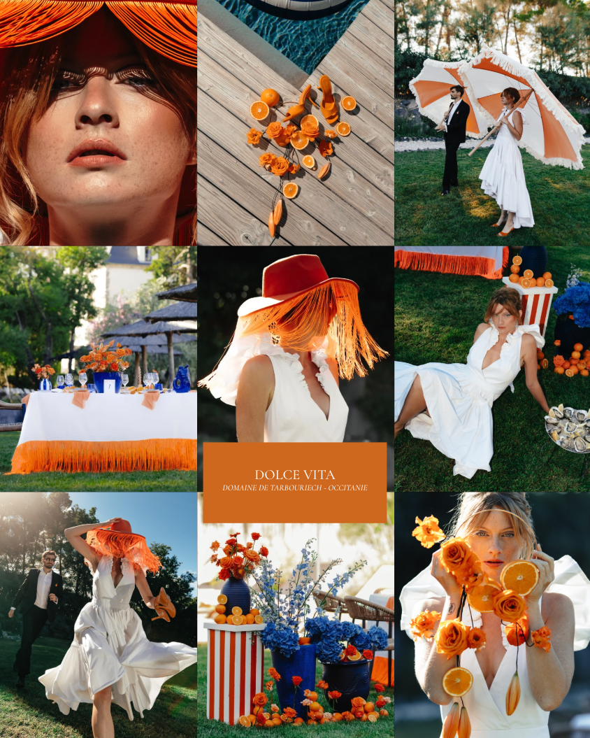 Une collection de photos de style printanier ou estival avec des thèmes orange et blanc, comprenant des femmes avec des tenues élégantes, des décorations florales et ornementales, et un cadre extérieur avec des éléments de fête.