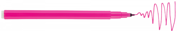 Pink spiral-notebook pen with a black tip and a pink zigzag ink pattern at the tip.