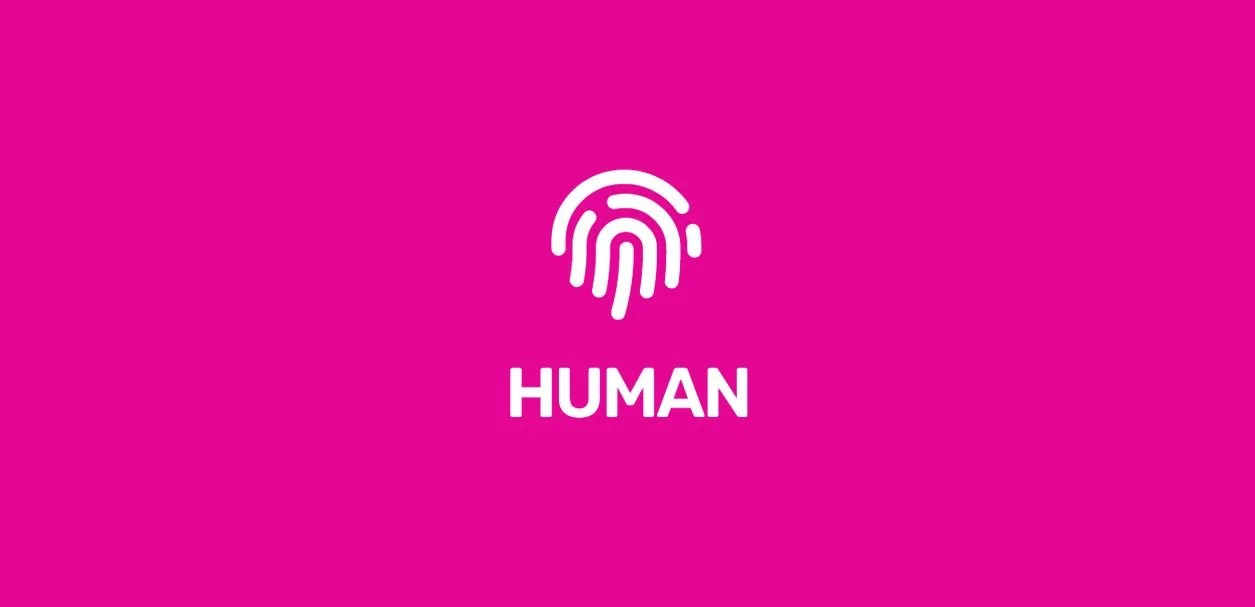 Pink background with a white fingerprint icon and the word 'HUMAN' underneath. We make HR approachable and treat humans as individuals. 