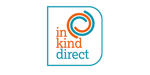 Logo for In Kind Direct with stylized circular graphic and text in orange and blue.