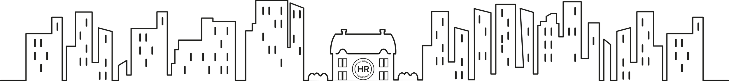 Minimalist black and white illustration of a house with a city skyline background. This is to reflect that The Little HR Department has the knowledge and skills of larger businesses, but brings this to life for small businesses in an way that fits